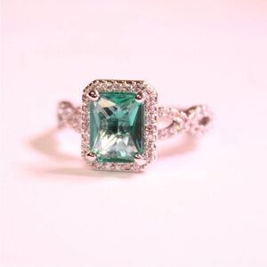 Green Emerald-Cut Halo Ring with Pave Band - Women Jewelry